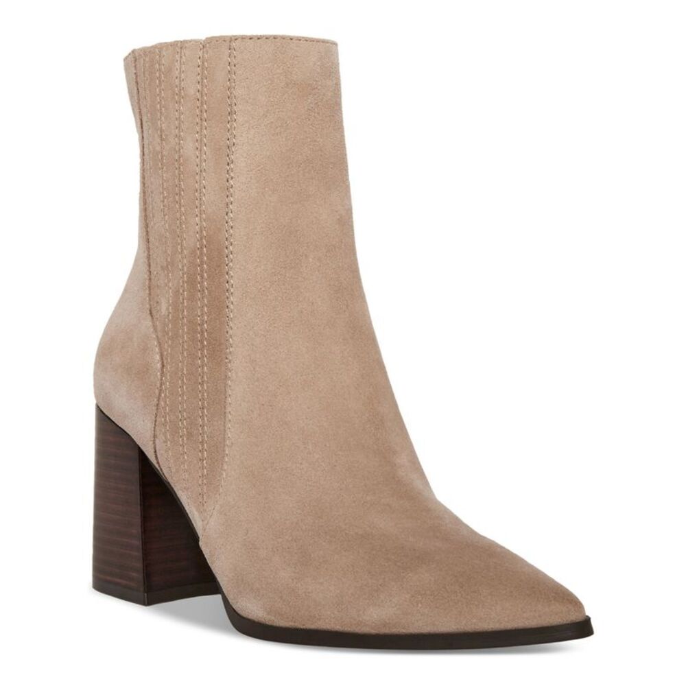 AQUA COLLEGE Womens Beige Iconic Pointed Toe Stacked Heel Leather Booties 8 M